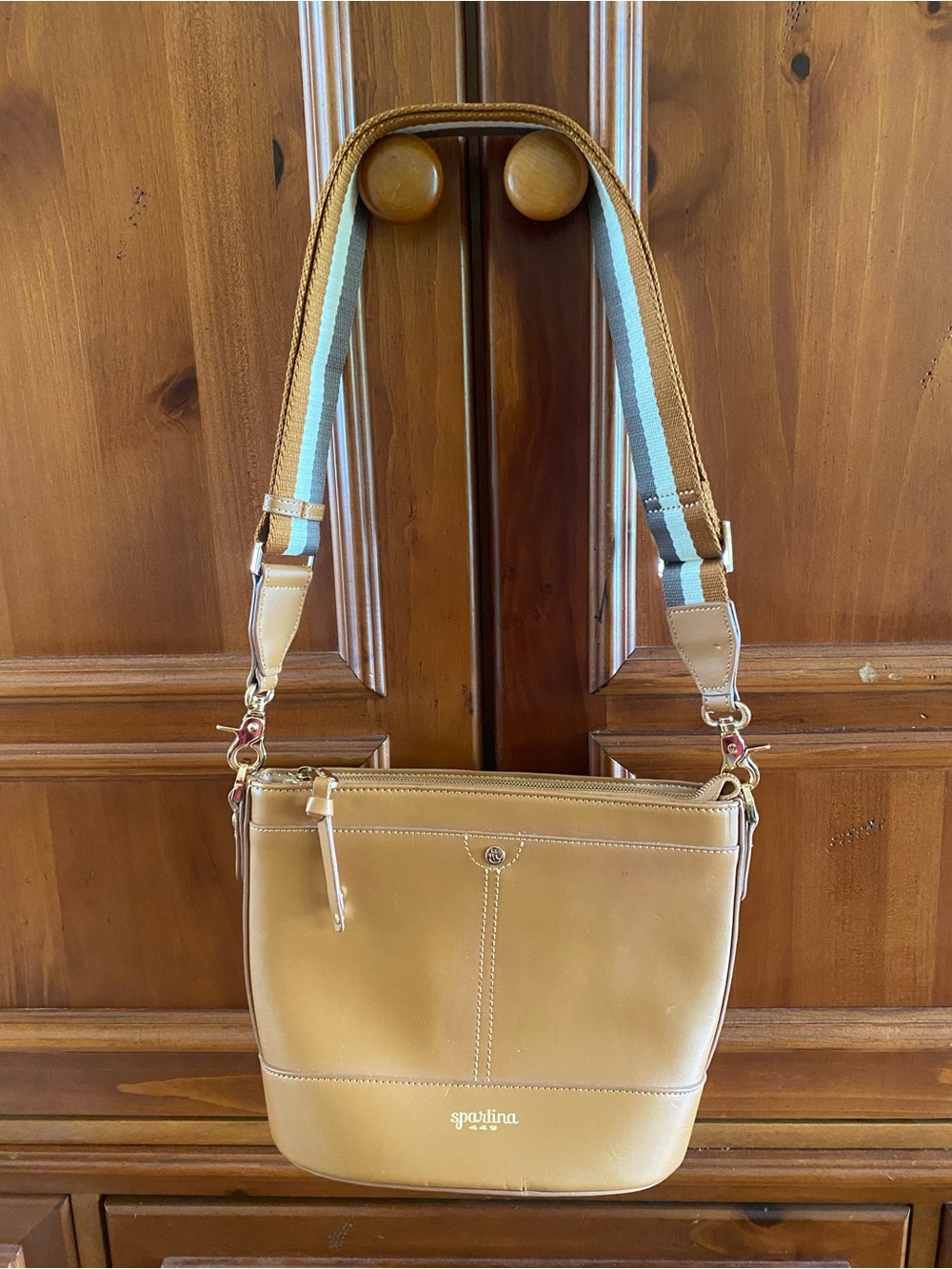 Spartina 449 Camel Leather Crossbody with Striped Adjustable Strap